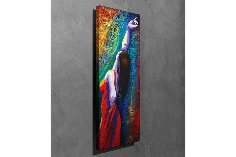 Canvas-taulu - Punaisessa mekossa oleva nainen ojentaa kättään värikästä taustaa vasten - Punainen / Sininen / Vihreä - Sisustustuotteet - Taulu & taide - Canvas-taulu