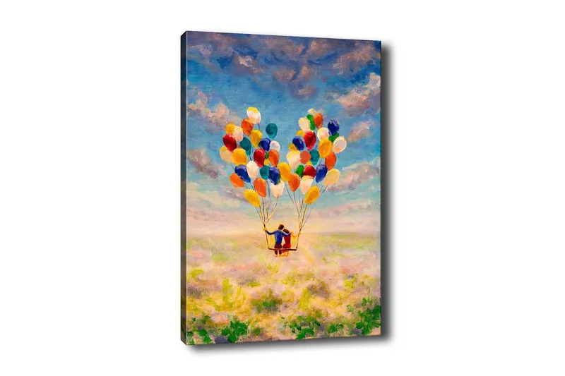 Canvas-taulu - Pariskunta ilmapallojen kanssa leijumassa kukkivan niityn yllä, Keltainen / Vihreä / Sininen