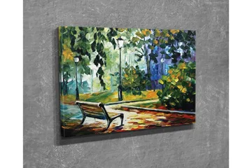 Canvas-taulu - Puistonpenkki rehevien puiden ja valojen ympäröimänä värikkäässä ympäristössä - Vihreä / Keltainen / Sininen - Sisustustuotteet - Taulu & taide - Canvas-taulu