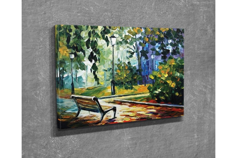 Canvas-taulu - Puistonpenkki rehevien puiden ja valojen ympäröimänä värikkäässä ympäristössä - Vihreä / Keltainen / Sininen - Sisustustuotteet - Taulu & taide - Canvas-taulu