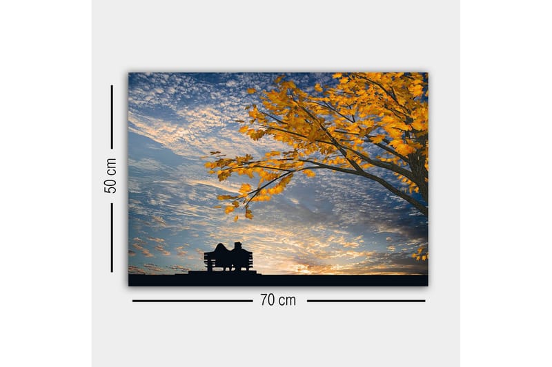 Canvas-taulu - Pariskunnan siluetti istumassa penkillä puun alla kultaisten syksyn lehtien keskellä - Kulta / Sininen / Musta - Sisustustuotteet - Taulu & taide - Canvas-taulu