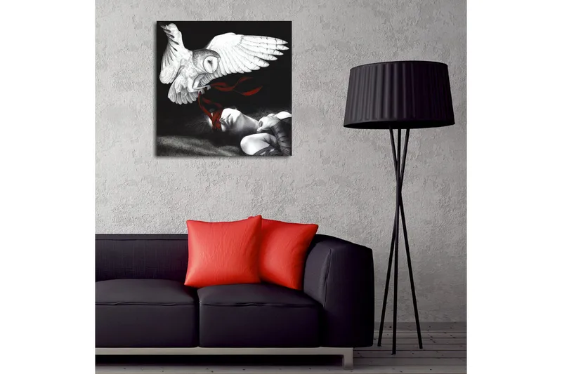 Canvas-taulu - Pöllö leijuu nukkuvan henkilön yllä punaisilla nauhoilla - Valkoinen / Musta / Punainen - Sisustustuotteet - Taulu & taide - Canvas-taulu