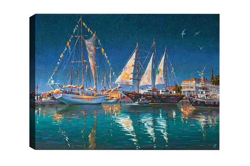 Canvas-taulu - Purjeveneet satamassa tähtitaivaan alla, Tummansininen / Turkoosi / Valkoinen
