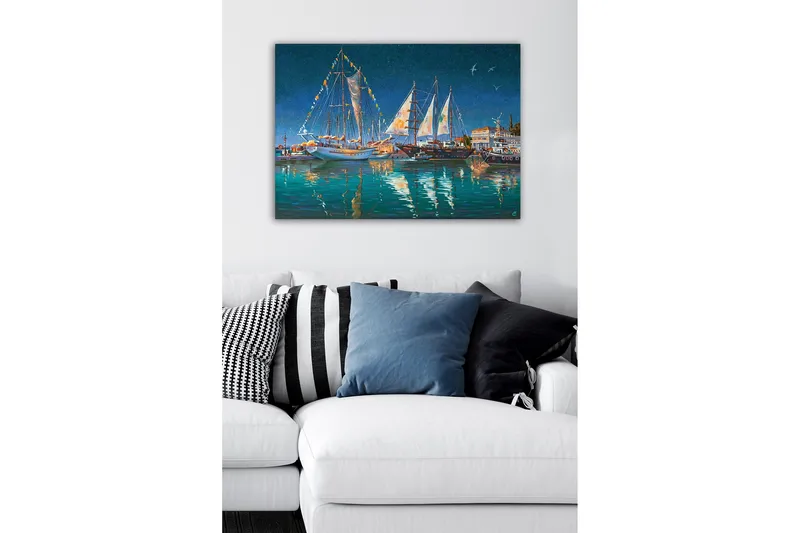 Canvas-taulu - Purjeveneet satamassa tähtitaivaan alla - Tummansininen / Turkoosi / Valkoinen - Sisustustuotteet - Taulu & taide - Canvas-taulu
