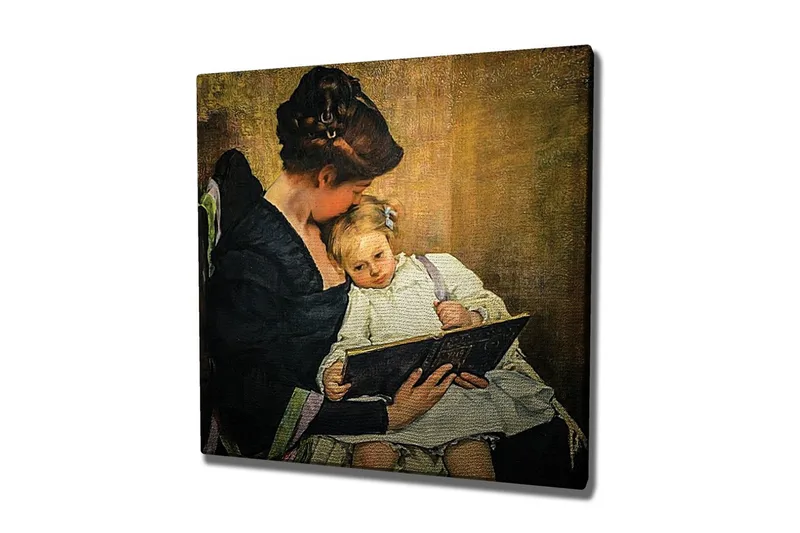 Canvastaulu - Äiti lukee lapselleen, Tummansininen / Beige / Valkoinen
