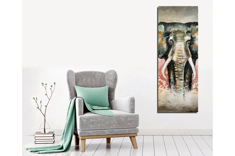 Canvastaulu 30x80 cm - Elefantti värikkäillä yksityiskohdilla taustalla - Vihreä / Oranssi / Punainen - Sisustustuotteet - Taulu & taide - Canvas-taulu