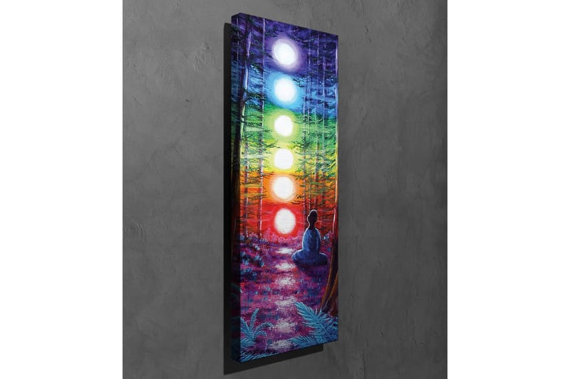 Canvastaulu 30x80 cm - Meditoiva hahmo värikkäiden chakrojen ympäröimänä metsäympäristössä - Violetti / Vihreä / Oranssi - Sisustustuotteet - Taulu & taide - Canvas-taulu