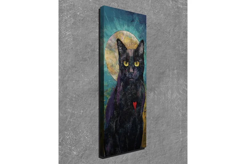 Canvastaulu 30x80 cm - Musta kissa keltaisella sydämellä ja kultaisella puolikuulla taustalla - Musta / Keltainen / Turkoosi - Sisustustuotteet - Taulu & taide - Canvas-taulu