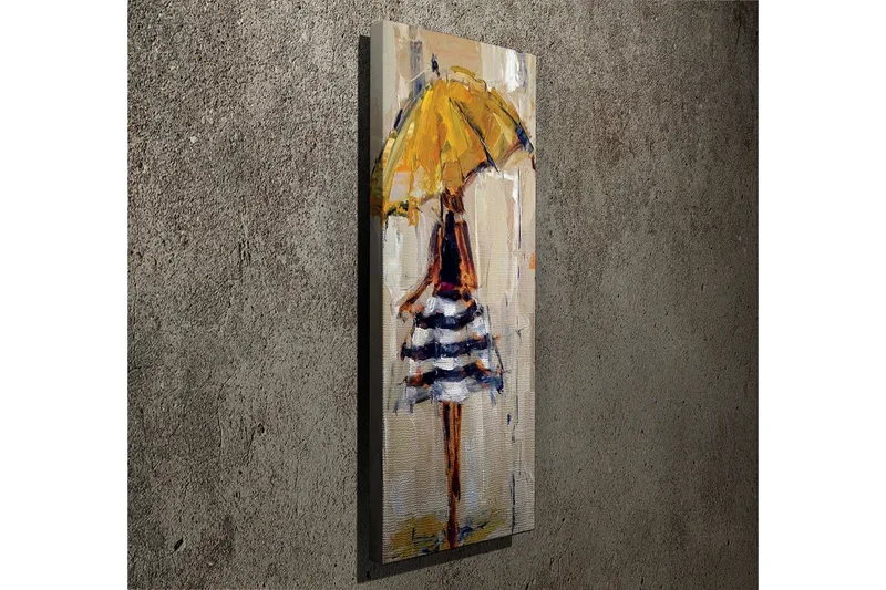 Canvastaulu 30x80 cm - Nainen keltaisessa sateenvarjossa ja raidallisessa mekossa - Keltainen / Musta / Valkoinen - Sisustustuotteet - Taulu & taide - Canvas-taulu