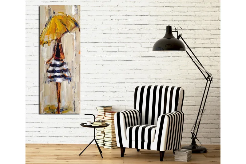 Canvastaulu 30x80 cm - Nainen keltaisessa sateenvarjossa ja raidallisessa mekossa - Keltainen / Musta / Valkoinen - Sisustustuotteet - Taulu & taide - Canvas-taulu