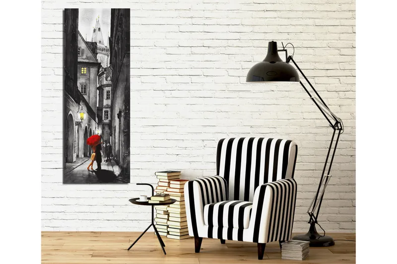 Canvastaulu 30x80 cm - Nainen punaisen sateenvarjon kanssa pimeässä kujalla - Punainen / Musta / Harmaa - Sisustustuotteet - Taulu & taide - Canvas-taulu