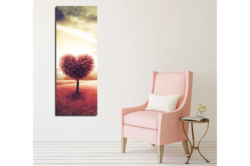 Canvastaulu 30x80 cm - Sydämenmuotoinen puun latvus kukkulalla auringonlaskun aikaan - Tummanpunainen / Beige / Vaaleanharmaa - Sisustustuotteet - Taulu & taide - Canvas-taulu