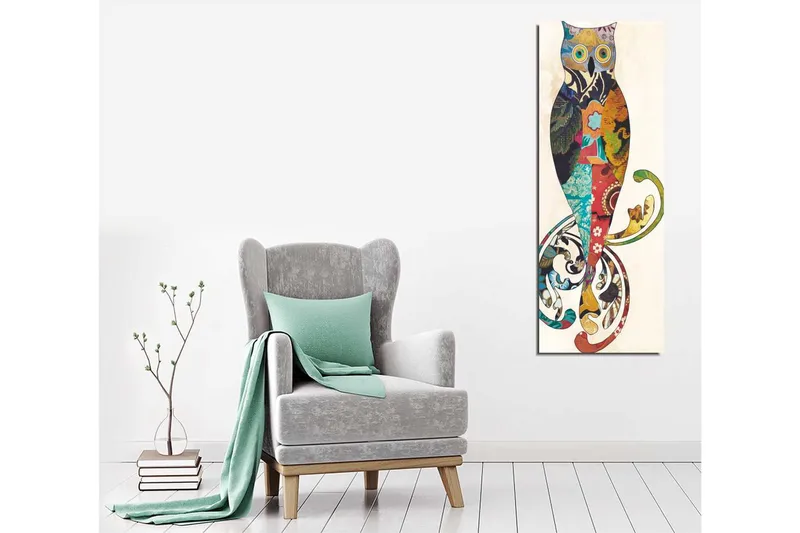 Canvastaulu 30x80 cm - Värikäs pöllö koristeellisilla kuvioilla - Turkoosi / Punainen / Keltainen - Sisustustuotteet - Taulu & taide - Canvas-taulu