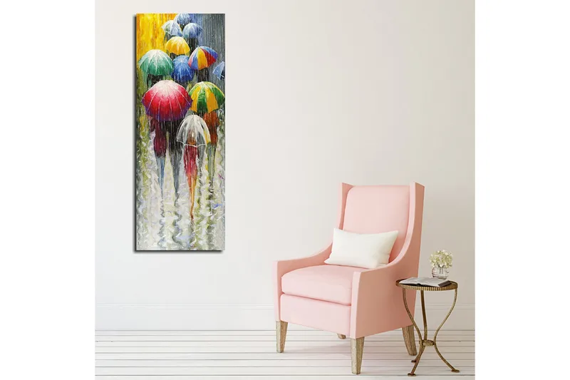 Canvastaulu 30x80 cm - Värikkäät sateenvarjot sateisessa maisemassa - Punainen / Vihreä / Sininen - Sisustustuotteet - Taulu & taide - Canvas-taulu