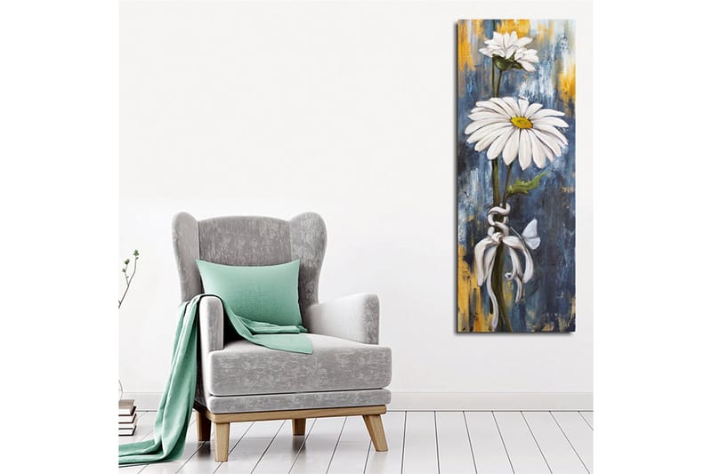 Canvastaulu 30x80 cm - Valkoisia päivänkakkaroita sinisellä ja kultaisella taustalla - Valkoinen / Sininen / Kulta - Sisustustuotteet - Taulu & taide - Canvas-taulu