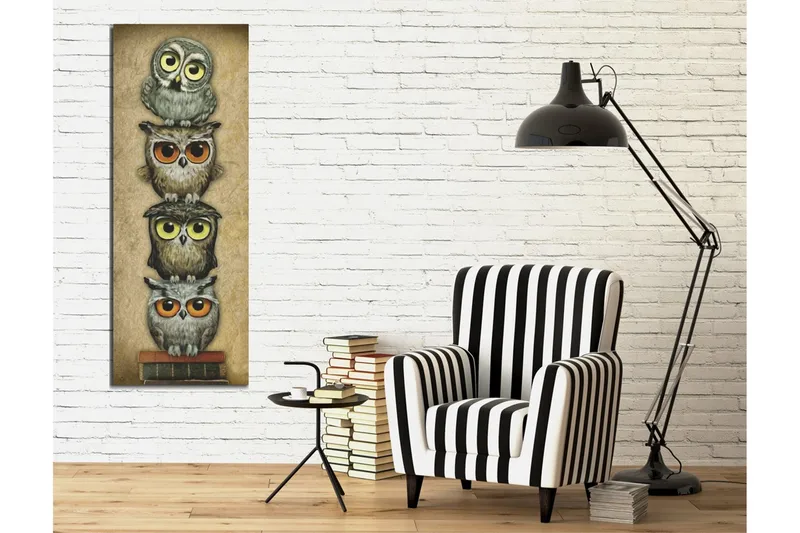 Canvastaulu 30x80 cm - Pinottuja pöllöjä eri ilmeillä ja väreillä - Harmaa / Ruskea / Keltainen - Sisustustuotteet - Taulu & taide - Canvas-taulu