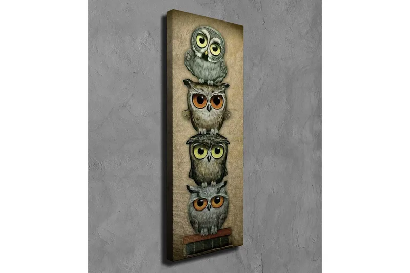 Canvastaulu 30x80 cm - Pinottuja pöllöjä eri ilmeillä ja väreillä - Harmaa / Ruskea / Keltainen - Sisustustuotteet - Taulu & taide - Canvas-taulu