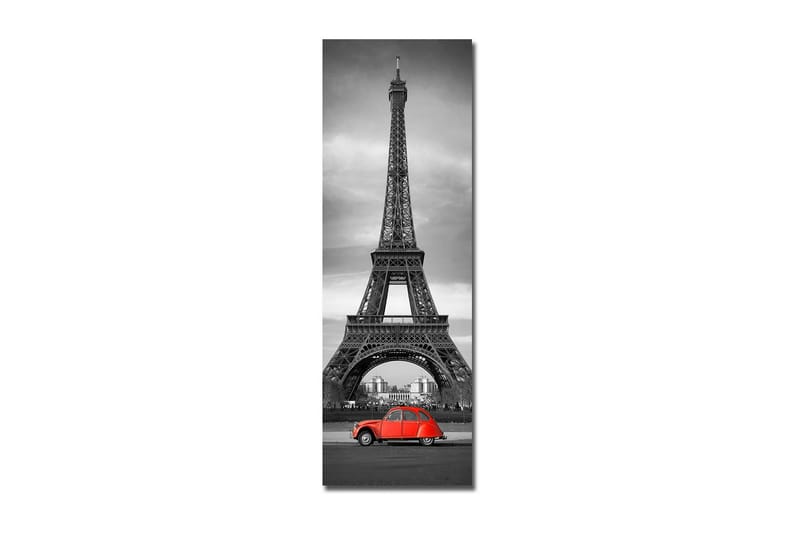Canvastaulu 30x90 cm - Punainen auto Eiffel-tornin edessä mustavalkoinen - Punainen / Musta / Harmaa - Sisustustuotteet - Taulu & taide - Canvas-taulu