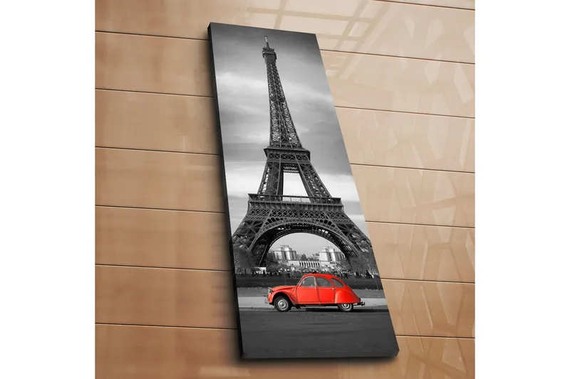 Canvastaulu 30x90 cm - Punainen auto Eiffel-tornin edessä mustavalkoinen - Punainen / Musta / Harmaa - Sisustustuotteet - Taulu & taide - Canvas-taulu