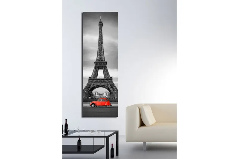 Canvastaulu 30x90 cm - Punainen auto Eiffel-tornin edessä mustavalkoinen - Punainen / Musta / Harmaa - Sisustustuotteet - Taulu & taide - Canvas-taulu