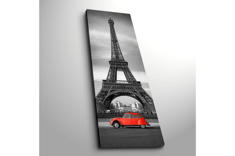 Canvastaulu 30x90 cm - Punainen auto Eiffel-tornin edessä mustavalkoinen - Punainen / Musta / Harmaa - Sisustustuotteet - Taulu & taide - Canvas-taulu