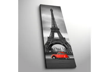 Canvastaulu 30x90 cm - Punainen auto Eiffel-tornin edessä mustavalkoinen - Punainen / Musta / Harmaa - Sisustustuotteet - Taulu & taide - Canvas-taulu