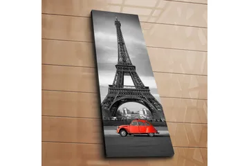 Canvastaulu 30x90 cm - Punainen auto Eiffel-tornin edessä mustavalkoinen - Punainen / Musta / Harmaa - Sisustustuotteet - Taulu & taide - Canvas-taulu