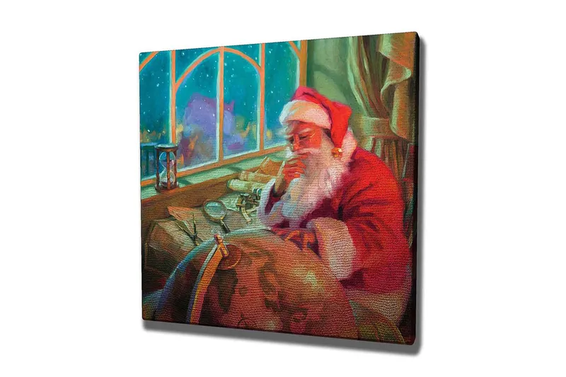 Canvastaulu 45x45 cm - Heijastava joulupukki työpöydän ääressä maapallon ja paperin kanssa, Punainen / Vihreä / Beige