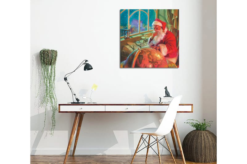 Canvastaulu 45x45 cm - Heijastava joulupukki työpöydän ääressä maapallon ja paperin kanssa - Punainen / Vihreä / Beige - Sisustustuotteet - Taulu & taide - Canvas-taulu