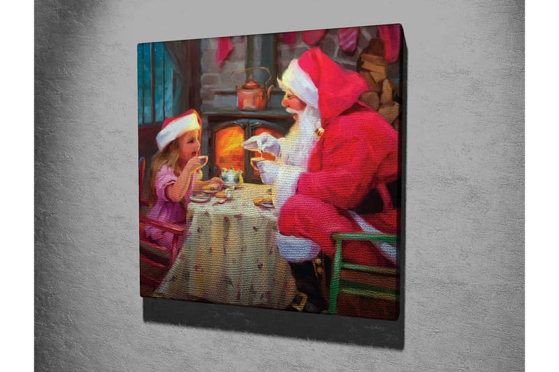 Canvastaulu 45x45 cm - Joulutunnelmaa joulupukin ja lasten kanssa jakamassa kupillisen kuumaa kaakaota - Punainen / Beige / Vihreä - Sisustustuotteet - Taulu & taide - Canvas-taulu