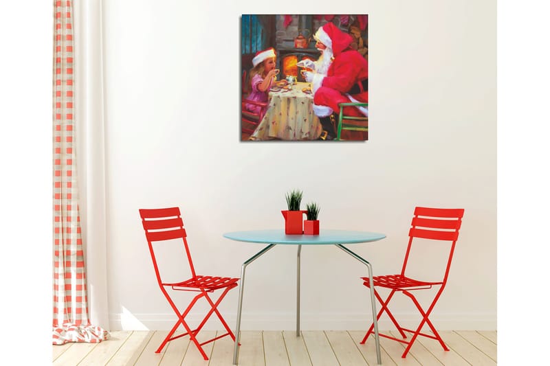 Canvastaulu 45x45 cm - Joulutunnelmaa joulupukin ja lasten kanssa jakamassa kupillisen kuumaa kaakaota - Punainen / Beige / Vihreä - Sisustustuotteet - Taulu & taide - Canvas-taulu