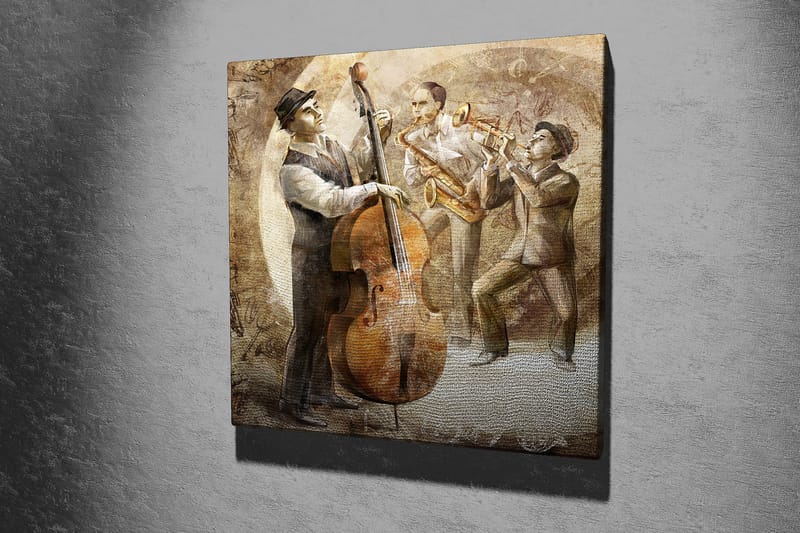 Canvastaulu 45x45 cm - Kolme muusikkoa soittamassa jazzia kontrabasson, saksofonin ja trumpetin kanssa - Ruskea / Beige / Harmaa - Sisustustuotteet - Taulu & taide - Canvas-taulu