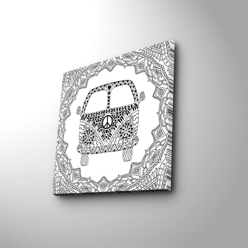 Canvastaulu 45x45 cm - Kuvioitu auto rauhansymbolilla, jota ympäröivät koristeelliset muodot - Musta / Valkoinen - Sisustustuotteet - Taulu & taide - Canvas-taulu
