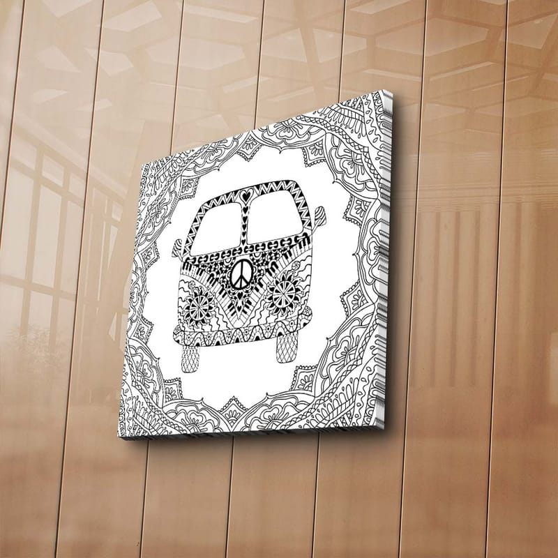 Canvastaulu 45x45 cm - Kuvioitu auto rauhansymbolilla, jota ympäröivät koristeelliset muodot - Musta / Valkoinen - Sisustustuotteet - Taulu & taide - Canvas-taulu