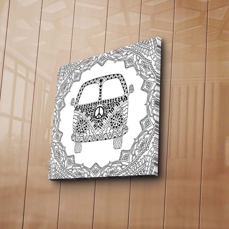 Canvastaulu 45x45 cm - Kuvioitu auto rauhansymbolilla, jota ympäröivät koristeelliset muodot - Musta / Valkoinen - Sisustustuotteet - Taulu & taide - Canvas-taulu