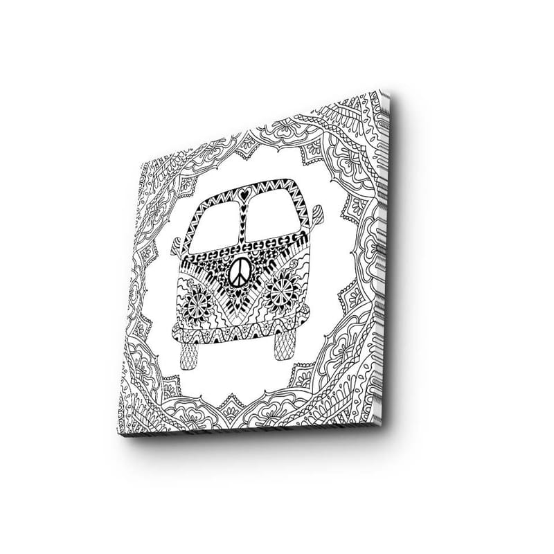 Canvastaulu 45x45 cm - Kuvioitu auto rauhansymbolilla, jota ympäröivät koristeelliset muodot, Musta / Valkoinen