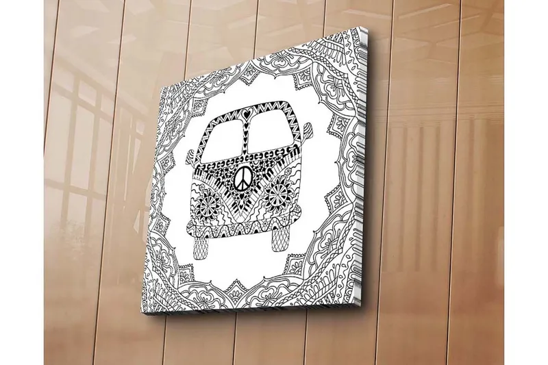 Canvastaulu 45x45 cm - Kuvioitu pakettiauto rauhansymbolilla koristekehyksissä - Musta / Valkoinen - Sisustustuotteet - Taulu & taide - Canvas-taulu