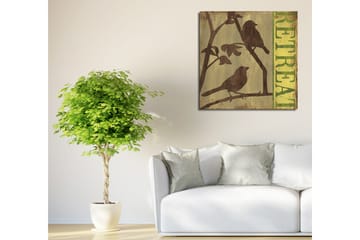 Canvastaulu 45x45 cm - Lintujen siluetteja oksalla, taustalla teksti RETREAT - Tummanruskea / Vihreä / Beige - Sisustustuotteet - Taulu & taide - Canvas-taulu