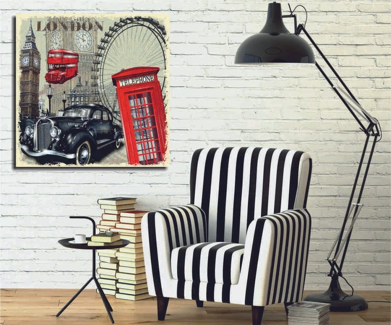 Canvastaulu 45x45 cm - Lontoosta inspiroitunut kaupunkinäkymä punaisella puhelinkopilla ja klassikkoautolla, Punainen / Musta / Beige