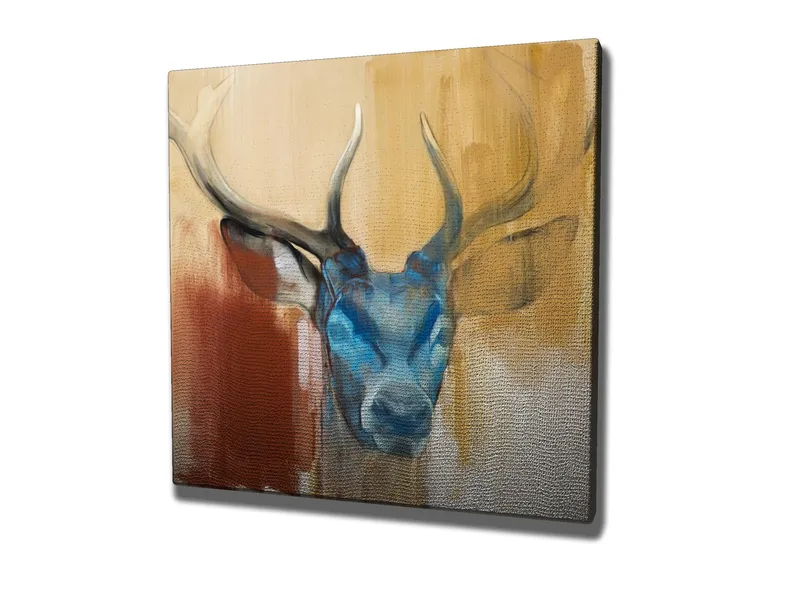 Canvastaulu 45x45 cm - Majesteettinen peura sinisellä päällä ja majesteettisilla sarvilla - Sininen / Ruskea / Beige - Sisustustuotteet - Taulu & taide - Canvas-taulu