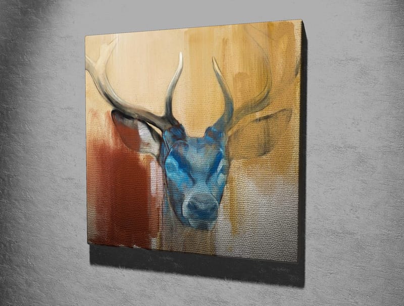 Canvastaulu 45x45 cm - Majesteettinen peura sinisellä päällä ja majesteettisilla sarvilla - Sininen / Ruskea / Beige - Sisustustuotteet - Taulu & taide - Canvas-taulu