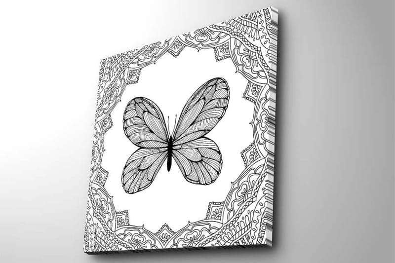 Canvastaulu 45x45 cm - Musta perhonen yksityiskohtaisella kuviokehyksellä - Musta / Valkoinen - Sisustustuotteet - Taulu & taide - Canvas-taulu