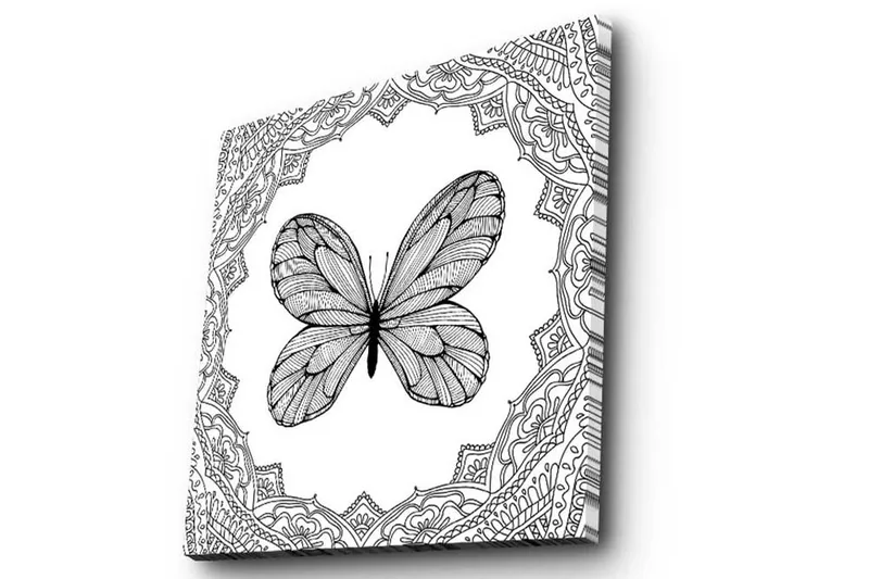 Canvastaulu 45x45 cm - Musta perhonen yksityiskohtaisella kuviokehyksellä - Musta / Valkoinen - Sisustustuotteet - Taulu & taide - Canvas-taulu