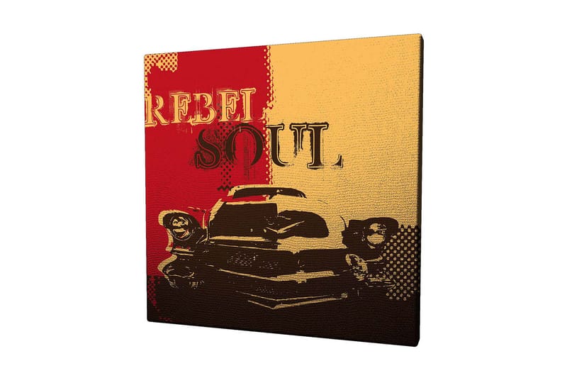 Canvastaulu 45x45 cm - Retroauto ja värikäs sommittelu tekstillä REBEL SOUL, Punainen / Keltainen / Musta