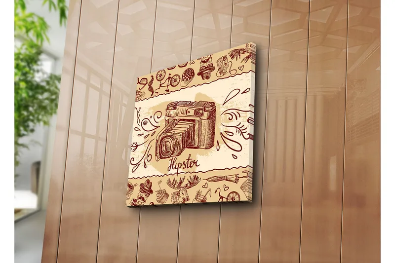 Canvastaulu 45x45 cm - Retrokamera hipsterielementeillä taustalla - Beige / Ruskea / Punainen - Sisustustuotteet - Taulu & taide - Canvas-taulu