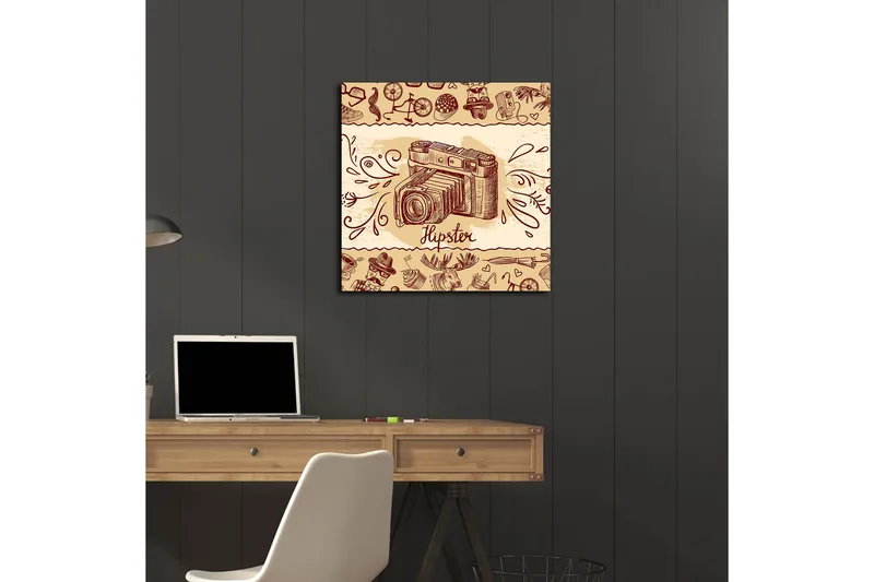 Canvastaulu 45x45 cm - Retrokamera hipsterielementeillä taustalla - Beige / Ruskea / Punainen - Sisustustuotteet - Taulu & taide - Canvas-taulu