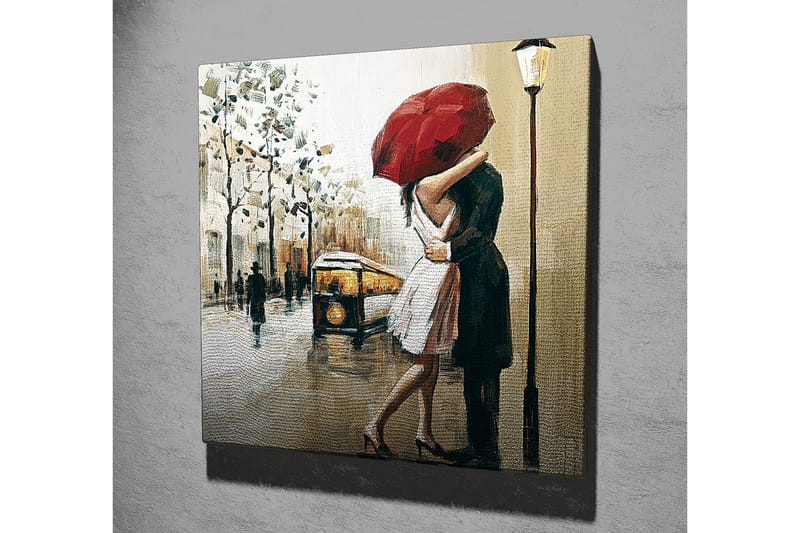 Canvastaulu 45x45 cm - Romanttinen suudelma punaisen sateenvarjon alla - Punainen / Beige / Musta - Sisustustuotteet - Taulu & taide - Canvas-taulu