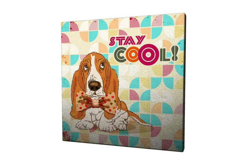 Canvastaulu 45x45 cm - Söpö basset siistillä rusetilla, Oranssi / Sininen / Beige