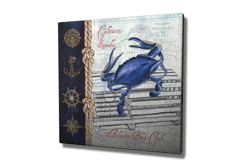 Canvastaulu 45x45 cm - Sininen rapu kalastushäkissä merellisillä yksityiskohdilla, Sininen / Beige / Tummansininen