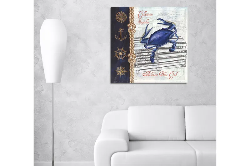 Canvastaulu 45x45 cm - Sininen rapu kalastushäkissä merellisillä yksityiskohdilla - Sininen / Beige / Tummansininen - Sisustustuotteet - Taulu & taide - Canvas-taulu
